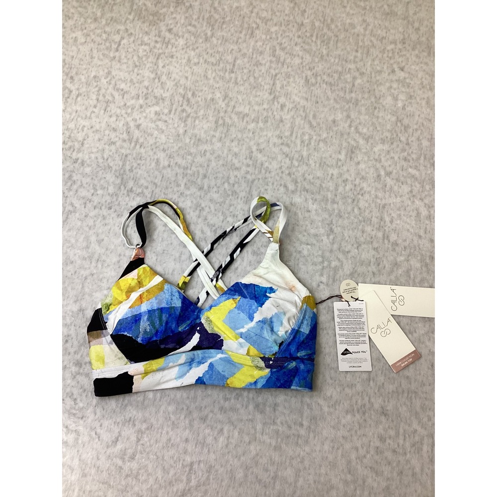 CALIA Strappy Back Ruched Bikini Top Collage Pure White Abstract Print Small